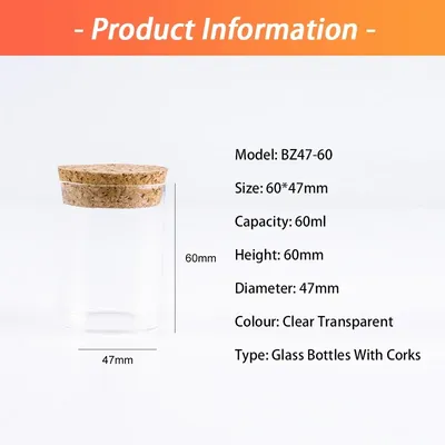 6pcs/Lot Glass Bottle 60*47mm 60ml Stopper Spicy Storage Corks Jar Small Vial Bottle Containers