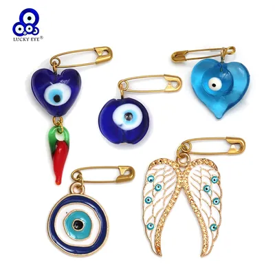 Lucky Eye Heart Turkish Evil Eye Brooch Pin Set Pepper Soft Clay Alloy Charm Gold Color Pin for