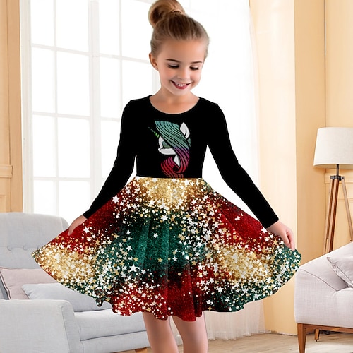 Mädchen' 3D Regenbogen Einhorn Kleid Langarm 3D-Druck Herbst Winter Urlaub Sport Natur Täglich Kuschelig Brautkleider schlicht Schön kinderkleidung 3-12 Jahre Casual kleid A Linie Kleid Übers Knie Image