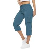 YDKZYMD Womens Capri Cargo Pants Lightweight Outdoor Summer Joggers Pants Hiking Athletic Drawstring Casual Cropped Pants High Waisted Golf Baggy Pants with Pockets Blue S