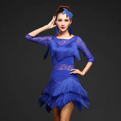 Frauen Wettbewerb Tanz Kleidung Pailletten Kostüm Set Halbarm Fringe Salsa Kleider Ballsaal Damen Image