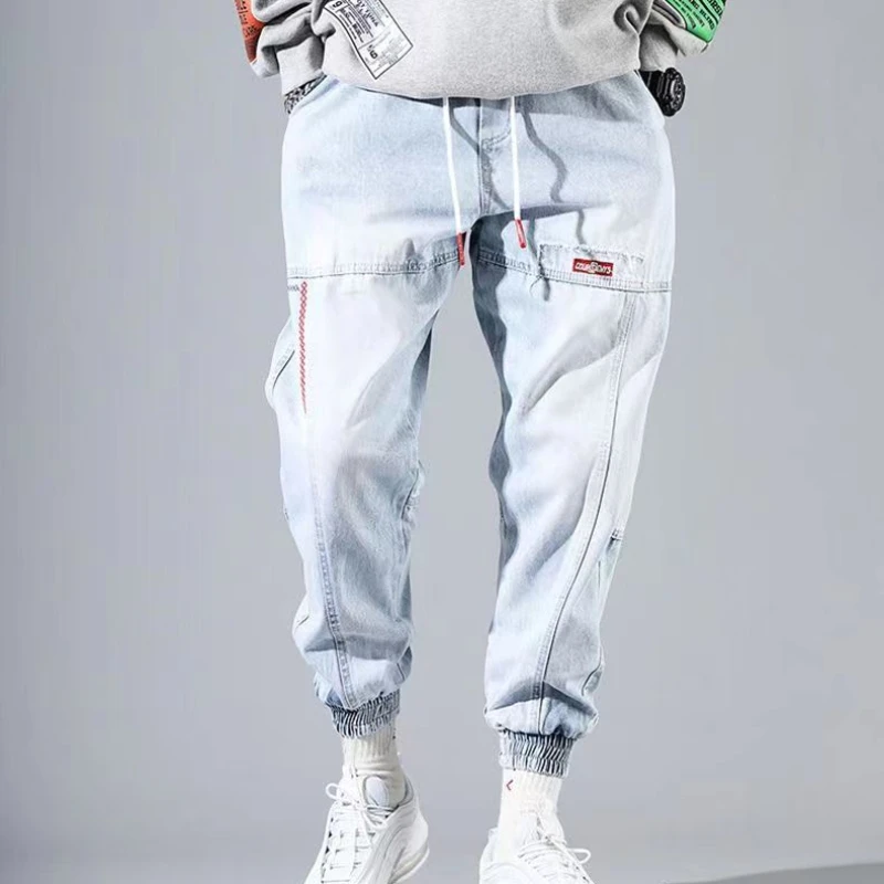 Koreanische Mode Männliche Sport Jogger - Plus Größe Knöchel Banded Denim Cargo Hosen für Männer Streetwear Hip Hop Cargo Hosen Schwarz Blau