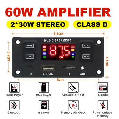 2*30W 60W Amplifier Car Audio USB TF FM Radio AUX Module Bluetooth 5.0 12V MP3 WMA Decoder Board MP3