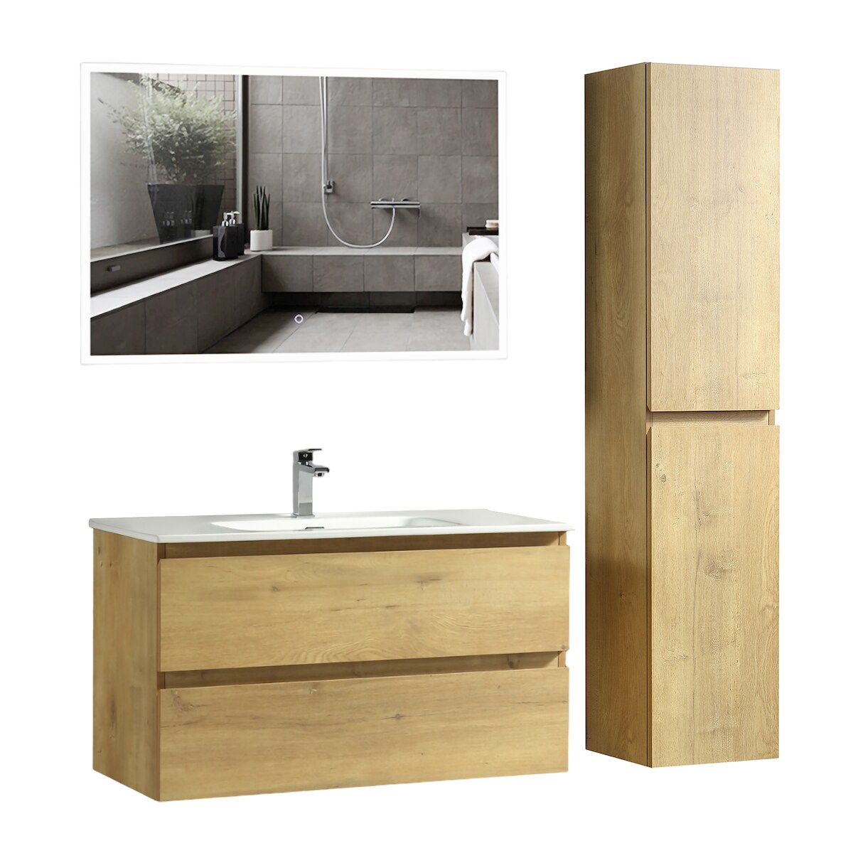 Alpenberger Badezimmermöbel Waschbecken mit Unterschrank und Hochschrank | Waschbeckenbeckenunterschrank mit Waschtisch | Badmöbel mit Led-Badspiegel Image