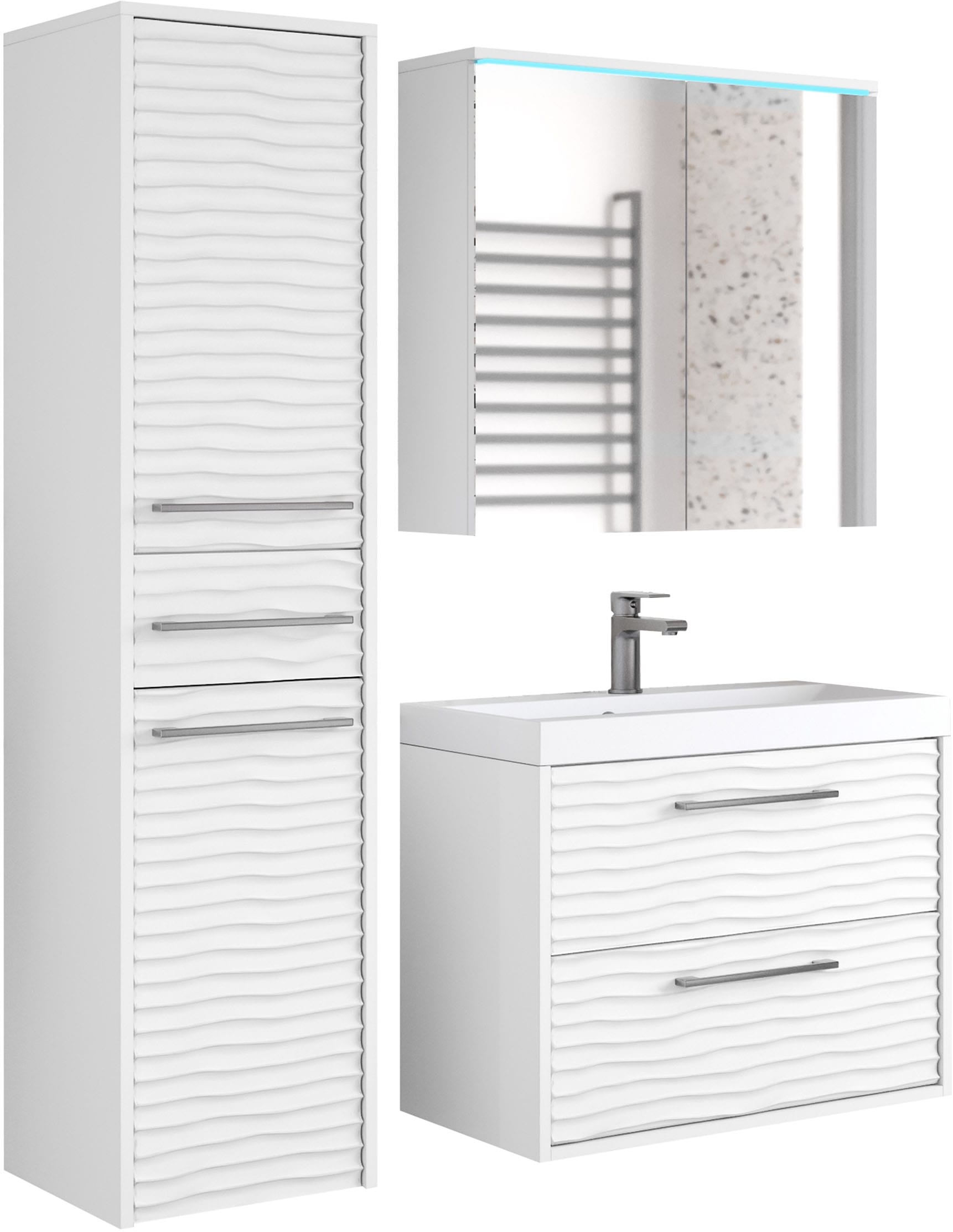 Badmöbel-Set WELLTIME "Canada - Fronten mit Wellenstruktur", weiß (weiß matt), B:110cm H:130cm T:35cm, Holzwerkstoff, MDF, Kastenmöbel-Sets, Badmöbel-Set, Badmöbel mit Soft-Close, Spiegelschrank, Waschtisch mit Becken