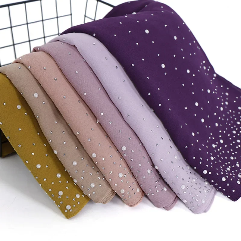 180*70CM Neue Plain Diamant Perlen Blase Chiffon Instant Hijab Schals Solide Dicken Kopf Wraps Foulard Sjaal Muslimischen motorhaube Cachecol Image