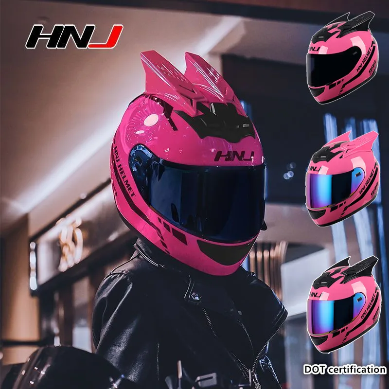Hnj Männer Motorrad helm Frauen Voll gesichts helm Reiten Persönlichkeit Horn rosa Helm Punkt Zertifizierung Casco Moto Image