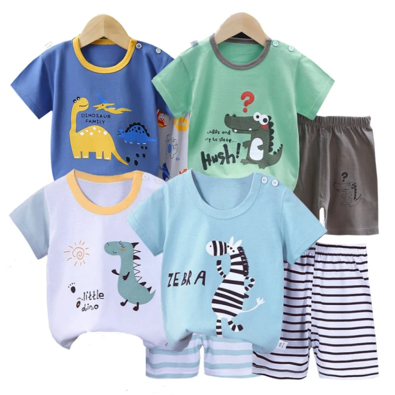 Kinder Sommer T-Shirts + Shorts 2-teiliges Kleidungsset Pyjama Baumwolle Unterwäsche Cartoon Zebra Dinosaurier Druck Neue Nachtwäsche Anzug 1-6 Jahre alt Image