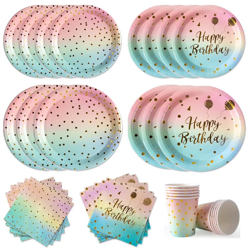 Vaisselle jetable pour fête d'anniversaire, arc-en-ciel Pastel, points dorés, dégradé d'arc-en-ciel, assiette en papier, tasse, serviette, fournitures d'anniversaire et de mariage