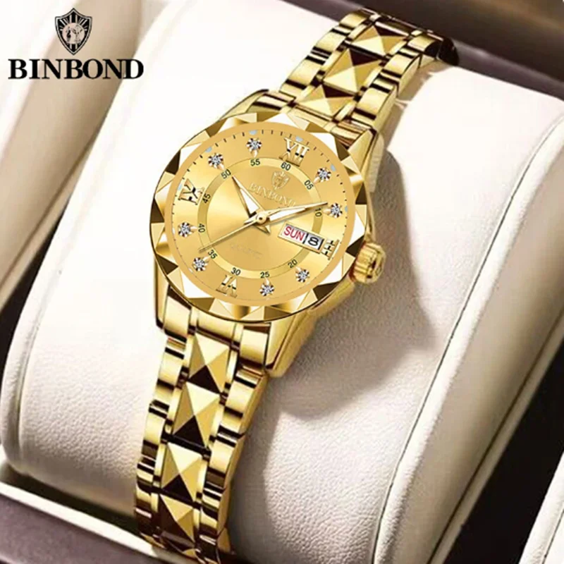 BINBOND B2521 Top Brand Luxury Fashion Business Womens orologi al quarzo 30M impermeabile settimana data orologio Sport orologio da polso da donna