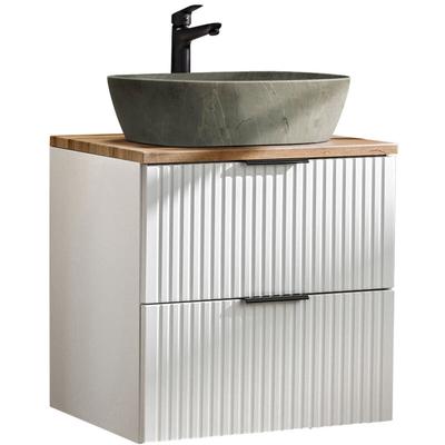 Badmöbel Waschtisch Unterschrank Set 60 cm matt weiß mit Wotaneiche, 2 Softclose Schubkästen, Image