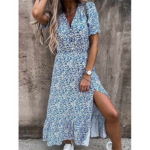 Damen kleid lang Casual kleid A Linie Kleid Sommerkleid Stilvoll Brautkleider schlicht Urlaub Täglich Verabredung Regular Fit Blumen Kurzarm V Ausschnitt Rosa Rote Blau Purpur Sommer