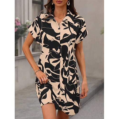 Damen Hemdblusenkleid Freizeitkleid Minikleid Date Urlaub Modern Casual Hemdkragen Knopfleiste Print Kurzarm Sommer Frühling Loose Fit Blumen Blatt Image