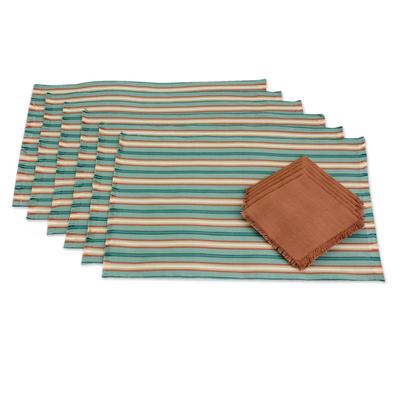 Celadon Trails,'Six Cotton Placemats and Napkins in Celadon and Russet'