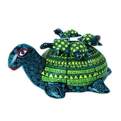 Turtle Mom Taxi,'Green and Blue Oaxacan Mother Turtle Alebrije with Babies'