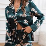 Elegant Floral Pattern Pajamas Set, Satin Button Up Long Sleeve Blouse Pajama Top & Elastic Waistband Pajama Pants, Women's Loungewear & Sleepwear