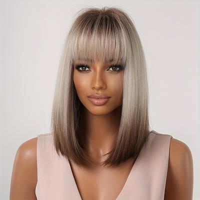 16 Inch Gradient Color Straight Hair Wigs With Bangs For Women Synthetic Bob Wigs For Daily Party Cosplay Costume Use