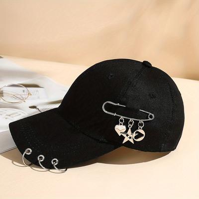 TEMU Adjustable Black Polyester Baseball Cap For Women - Trendy Korean Style With Heart & Star Pin, Versatile Fashion Accessory For Spring/summer, Baseball Cap Image