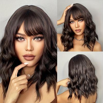 Elegant 14 Inch Brown Curly Wavy Hair Wig With Ban...