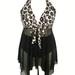 Plus Size Vacay Bikini Set, Women's Plus Colorblock Leopard Print Contrast Mesh Halter Neck Tie Front Asymmetrical Hem Dress & Underwear Swimsuit 2 Piece Set
