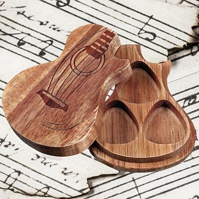 TEMU Wooden Guitar Pick Box Holder, Wooden Collector Engraved Guitar Pick Box Classical Triangle Guitar Picks For Present Music Instrument Guitar Bass.