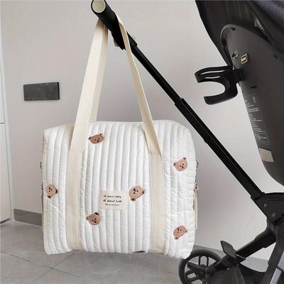 Mommy Handbag [pure Cotton Embroidery + Quilting Craft] Trolley Large Hanging Bag Zipper Style Diaper Bag Bottle Finishing Bag Multifunctional Mother Bag 36x30x12cm