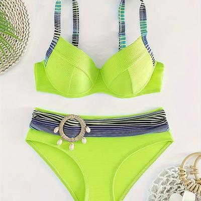 TEMU Shell Ring Decor V Neck 2 Piece Set Bikini, High Stretch Striped Push Up Stylish Swimsuits, Women's Swimwear & Clothing Image