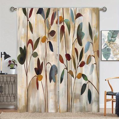2pcs Curtains Watercolor Plant Leaves Curtains Rod Pocket Window Curtains Thermal Noise Reducing Window Treatment For Bedroom Office Kitchen Living Room Study Home Decor