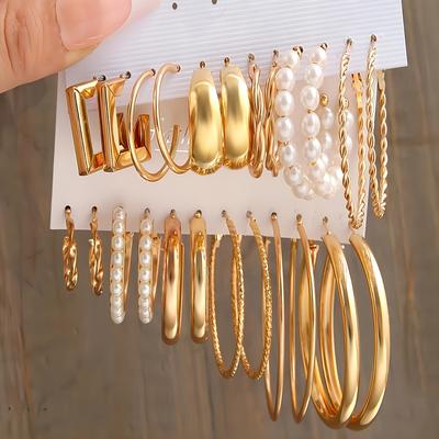 TEMU European And American Hoop Square Geometric Earrings Vintage Pearl Earrings Set 12pcs Set Image