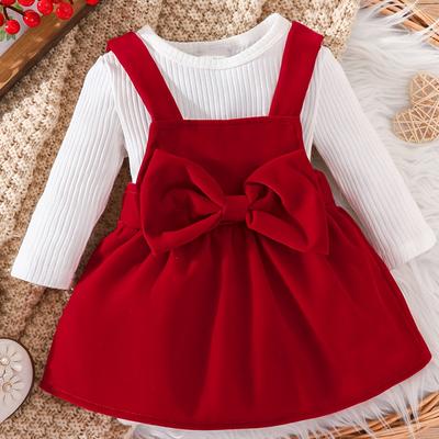 TEMU Toddler Baby Girl Spring And Autumn Long-sleeved Triangle Romper Top Bowknot Suspender Skirt Set Chrismas 2pcs Outfit