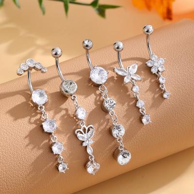 5pcs Stainless Steel Belly Button Ring Set Inlaid ...
