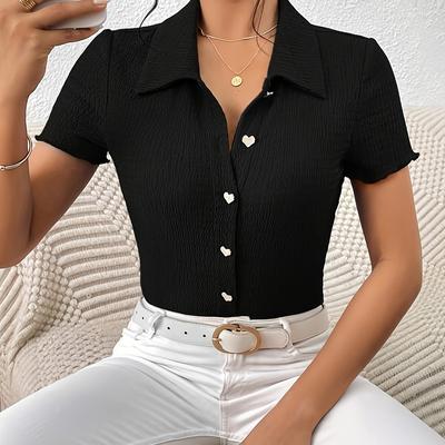 TEMU Elegant Women's Short Sleeve Button-up Shirt - Solid Color, Lapel Collar, Lightweight Polyester, Spring/summer Office Or Casual Wear, Wear | Short Sleeve Shirt | Sleek Smooth Textur Image
