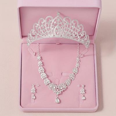Women's 3 Piece Elegant Bridal Wedding Crown Necklace Earrings Exquisite Wedding Party Accessories Combination