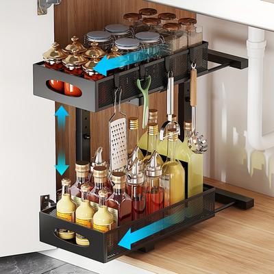 Cabinet Organizer Under Sink, 2-tier Pull-out Metal Basket With Mesh Sliding Drawers For Large Capacity Slide-out Storage Shelves In Kitchens, Bathrooms, Pantry, Countertops