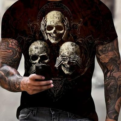 TEMU Men's Casual Short Sleeve T-shirt With Skull & Geometric Graphic Print - Semi-sheer Breathable Fabric, Regular Fit Round Neck Summer Tee For Adult Men, Medium Stretch Shirt Image