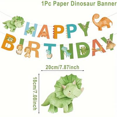 TEMU Set, Dinosaur Theme Birthday Flag Banner Paper Flag Banner Birthday Decoration Party Background Party Banner Decorations For Birthday Party Image