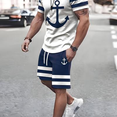 TEMU Men's 2pcs Pirate Anchor Outfit - Navy Short Sleeve T-shirt And Drawstring Shorts Set, Polyester, Machine Washable, Casual Wear Set|pirate Theme Apparel|, Plus Size Image