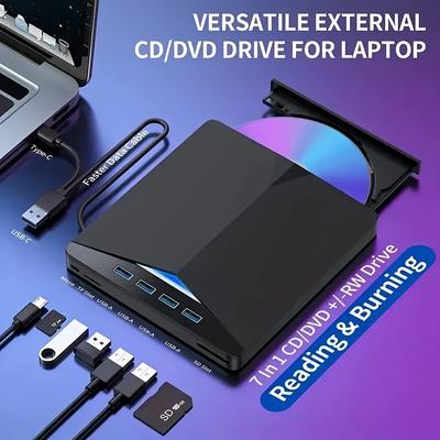 TEMU 7 In 1 Usb 3.0 Dvd Player Portable Cd/dvd Burner, External Cd/dvd Drive For Laptop, Cd Rom External Dvd Drive For Laptop Compatible With Laptop Desktop Pc Windows 11/10/8/7 Linux For Os