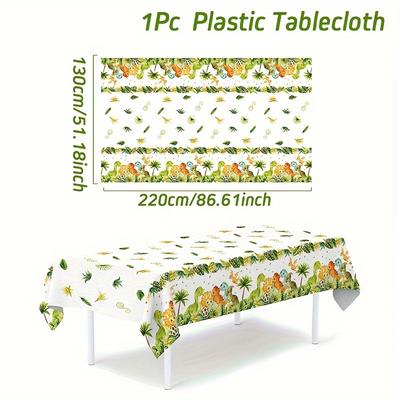 TEMU 1pc Dinosaur Jungle Birthday Party Tablecloth - Disposable Plastic Cover With Forest Design, Cute Cartoon Dinosaurs & Tropical Foliage, 1st Birthday Celebrations At Home