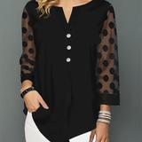 Polka-dot Mesh Notched Neck Blouse, Versatile 3/4 Sleeve Blouse For Spring & Fall, Women's Clothing