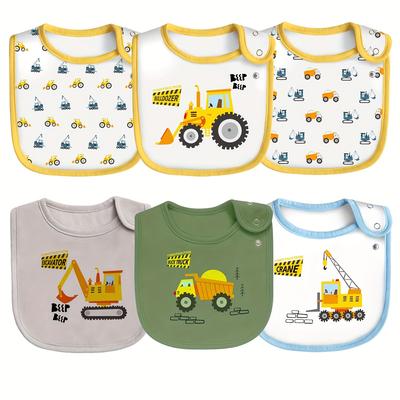 6pcs Cartoon Spring, Summer, Autumn And Winter Printed Adjustable Snap Waterproof Feeding Bibs, Home Eating Bibs