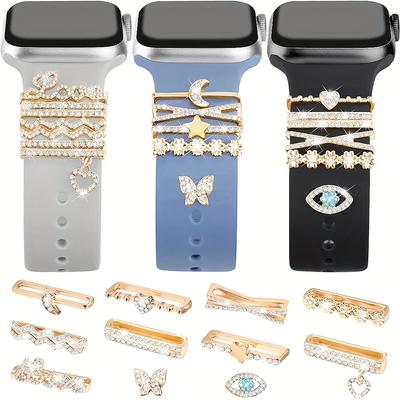 11pcs Butterfly Heart Watchband Ring Loops Nails Studs, Shiny Rhinestone Watch Strap Charms Decorations Compatible With Iwatch Series Band For Eid, Ramadan