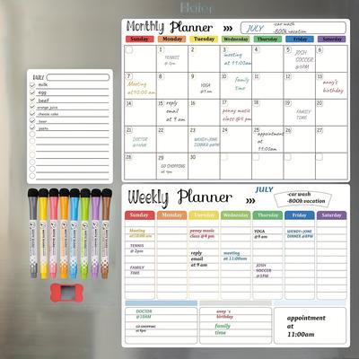 Magnetic Dry Erase Calendar Whiteboard Set, For Refrigerator, Wall, And Fridge Organization With Monthly, Weekly, And Daily Notepads, Shipped With 8 Markers And 1 Eraser
