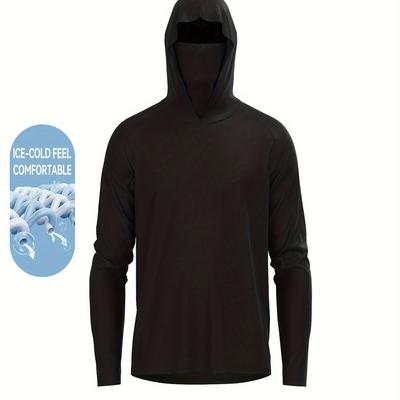 TEMU Men's Solid Sun Protection Hooded Shirt With Mask, Active Long Sleeve Comfortable High Stretch Rash Guard For Fishing Hiking Outdoor