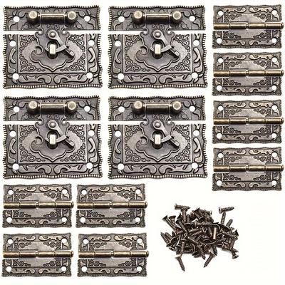 4 Sets Engraved Antique Hasp Latch Buckle And Vintage Engraved Hinge With Matching Screws Kit Bronze Rectangle Lock For Repair And Decorative Wooden Cases Jewelry Box Hardware