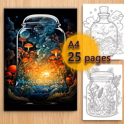 1 Book Pf 25 Pages Coloring Book Magic Glass Jar Patterns, Original A4 Paper Soothing Stress Coloring Book New Year Thanksgiving Christmas Festival Party Gift