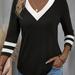 TEMU Contrast Trim V Neck T-shirt, Casual 3/4 Sleeve Top For Spring & Fall, Women's Clothing