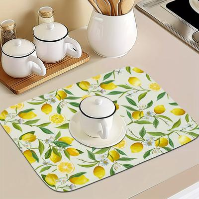 TEMU 1pc, Dish Drying Pad, Espresso Machine Countertop Absorbent Pad, Lemon Printed Washstand Drain Mat, Soft Faucet Absorbent Mat, Washstand Cup Mat, Kitchen Accessories, Bathroom Accessories