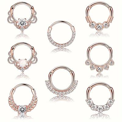 8pcs 16g Septum Ring Stainless Steel Zircon Decor Opal Cartilage Nose Hoop Ring Body Piercing Jewelry For Women