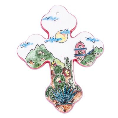 Hometown Mexico,'Hand Painted Mexican Town Scene Ceramic Wall Cross'